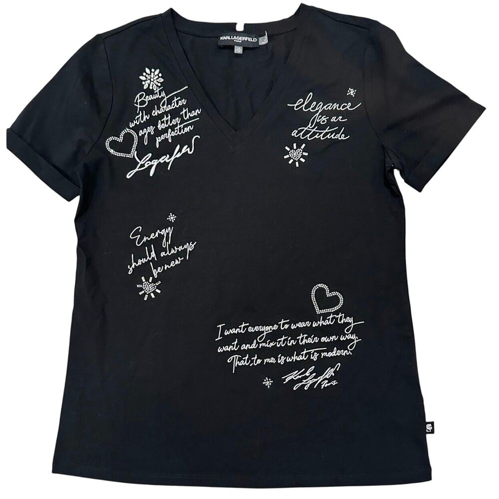 Karl Lagerfeld Paris NWOT Women's V-Neck T-Shirt Flawed Black Silver, XS